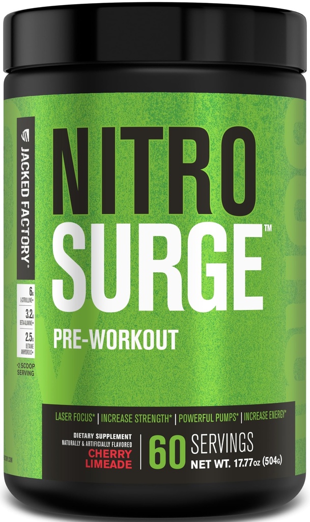 Jacked Factory NITROSURGE Pre Workout dodatek - Neskončna energija, Instant moč pridobi, Jasno Fokus, Intenzivne črpalke - NO Booster & Močni Preworkout Energy Powder - 60 Servings, Cherry Limeade