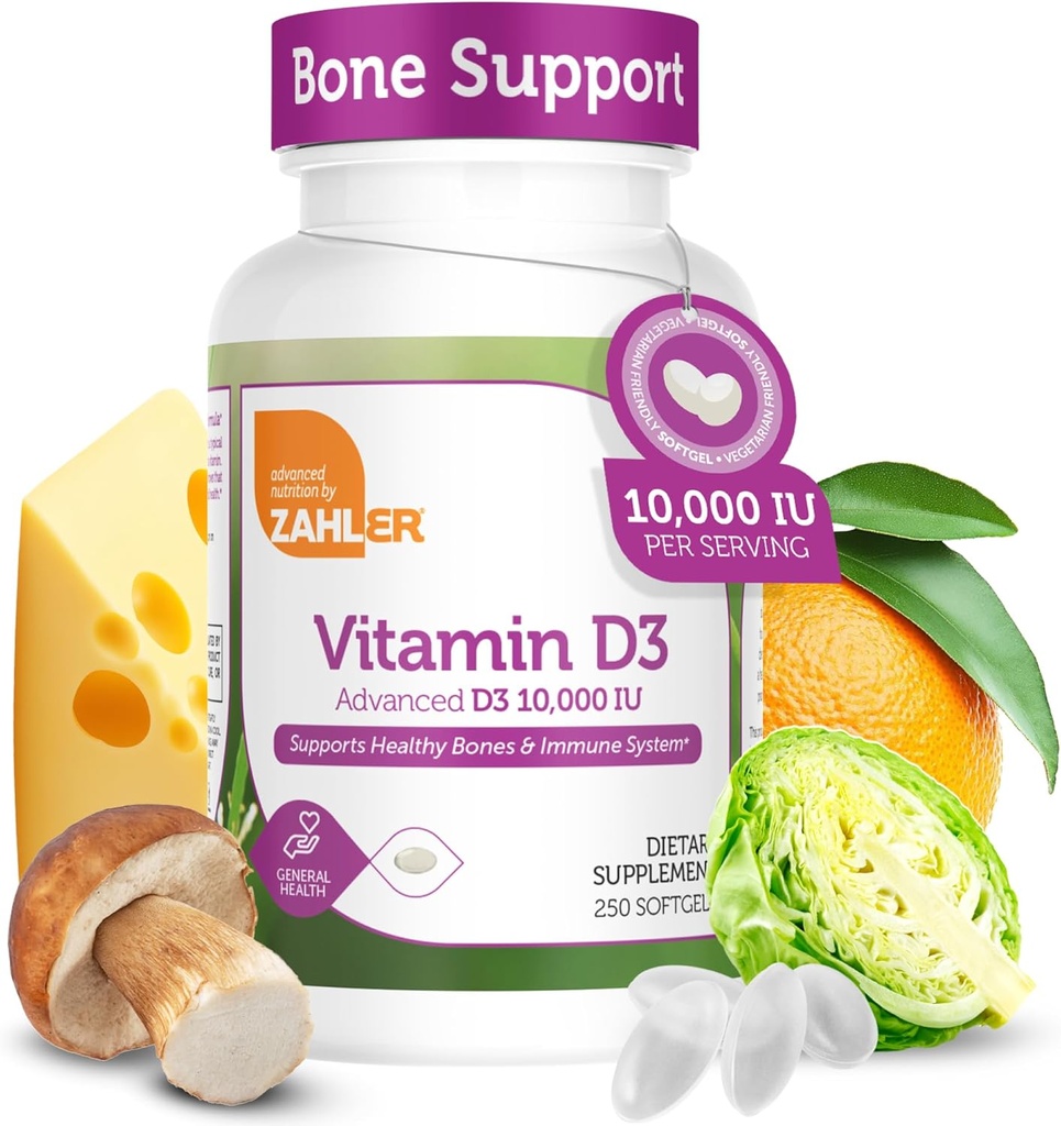 Zahler - Advanced Vitamin D3 10.000 i.e. softgels (250 števk) Košir Vegetarijanski Prijazni vitamin D za imuno podporo, kosti, zobje in mišice zdravje - enostavno požiranje VIT D 3