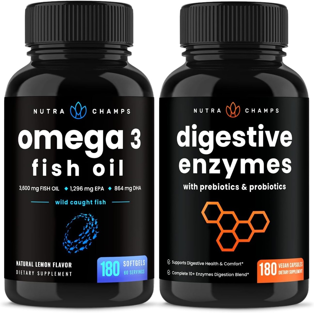 NutraChamps Omega 3 ribje olje in prebavne encime 2 paket