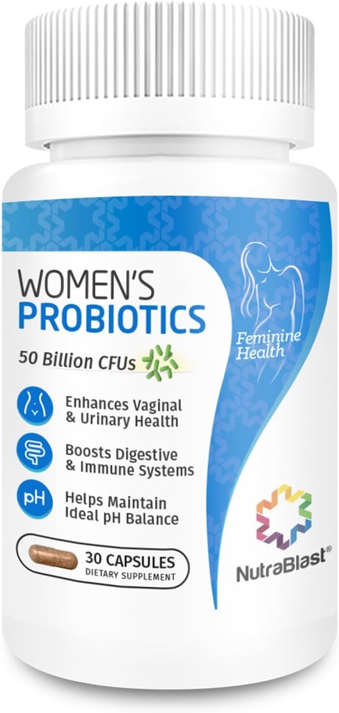 NutraBlast vaginalni probiotiki za ženske prebavni, intimno ravnovesje, UT & vaginalno zdravje - 50 milijard CFU - 6 sevi, prebiotiki, izvlečki brusnice in D manoza - ženski probiotik (30 štev.)