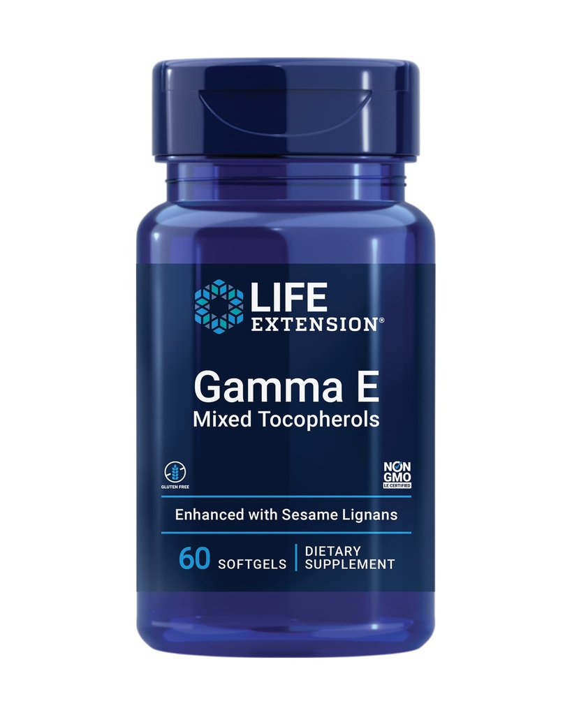 Life Extension Gama E Mešani tokoferoli, zdravo staranje, Vitamin E dodatek, Izboljšana s sezamov lignani, Gluten-free, Non-GMO, 60 mehkih gelov