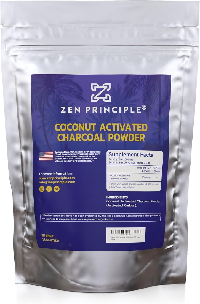 Zen Princip Coconut Aktiviran Charcoal Powder. Beli zobje, pomlajuje kožo in lase, podpira boljše prebave. Proizvajalci iz ZDA, 2,5 lb