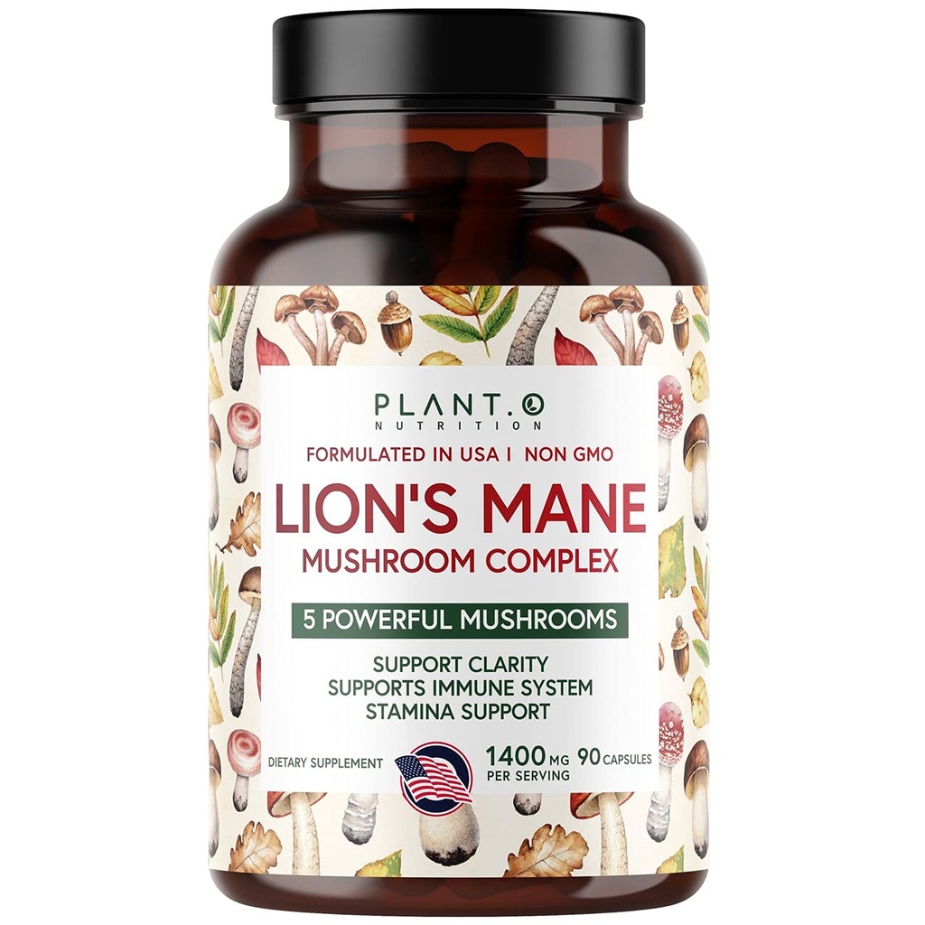 Rastlina.O Premium Lion's Mane Supplement, All Natural Nootropics Brain Supplement, 5 Gobe kompleks – Levji Mane, Reishi, Chaga, Maitake, Shiitake za imuniteto, Focus, Mood & Memory Boost, 90 Caps