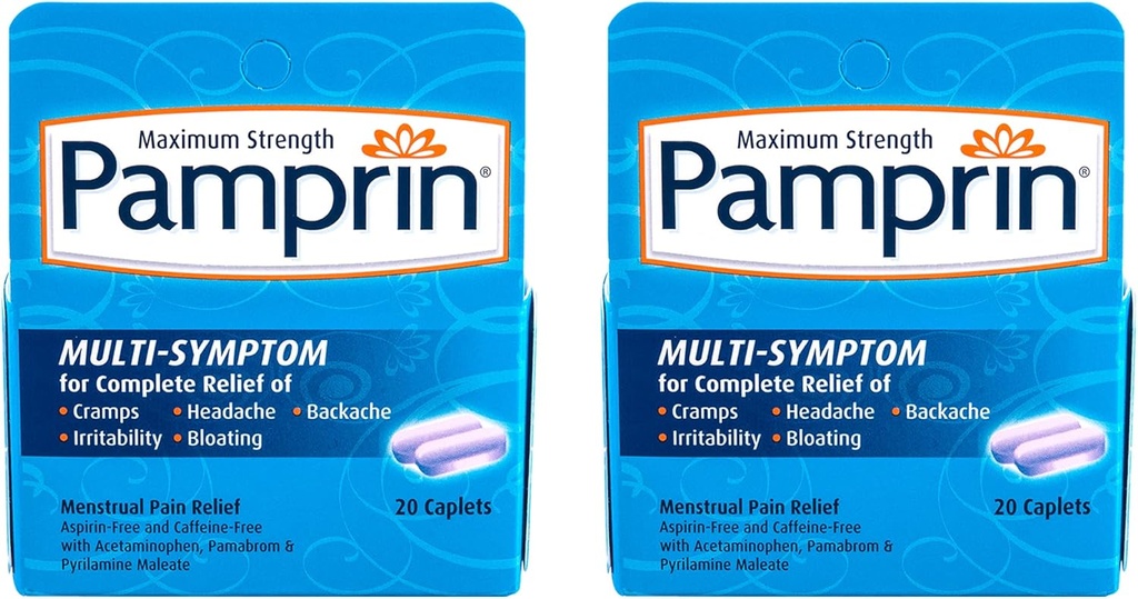 Pamprin Multi-Simptom Formula, z acetataminofen, Menstrualno obdobje Simptomi Relief, vključno z Cramps, bolečine, dražilnost in napihnjenost, 20 Caplets (Pack z 2)