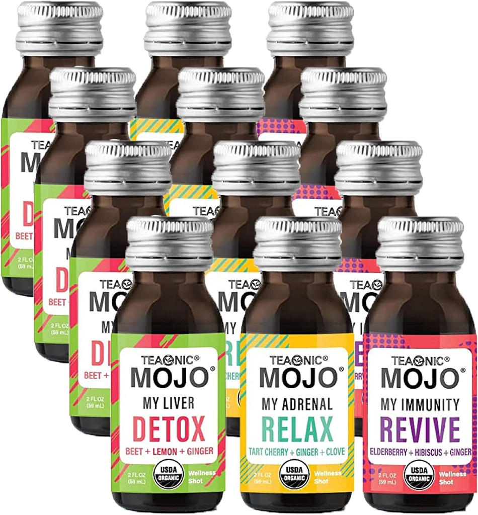 TEAONIC Wellness Shots - Variety Pack: Relax, Revive, Detox Shots, USDA-Certified Organic Wellness Shots, 12 Pack, 2 Fl. Oz vsak