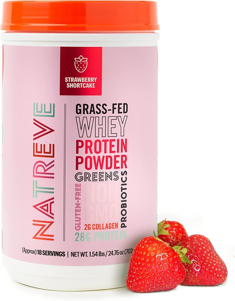 Natreve Whey Protein Powder - 28g Grass-Fed Whey Protein with Aminokisline, probiotiki & kolagen - Brez glutena Jagodna kratka torta, 18 Serving