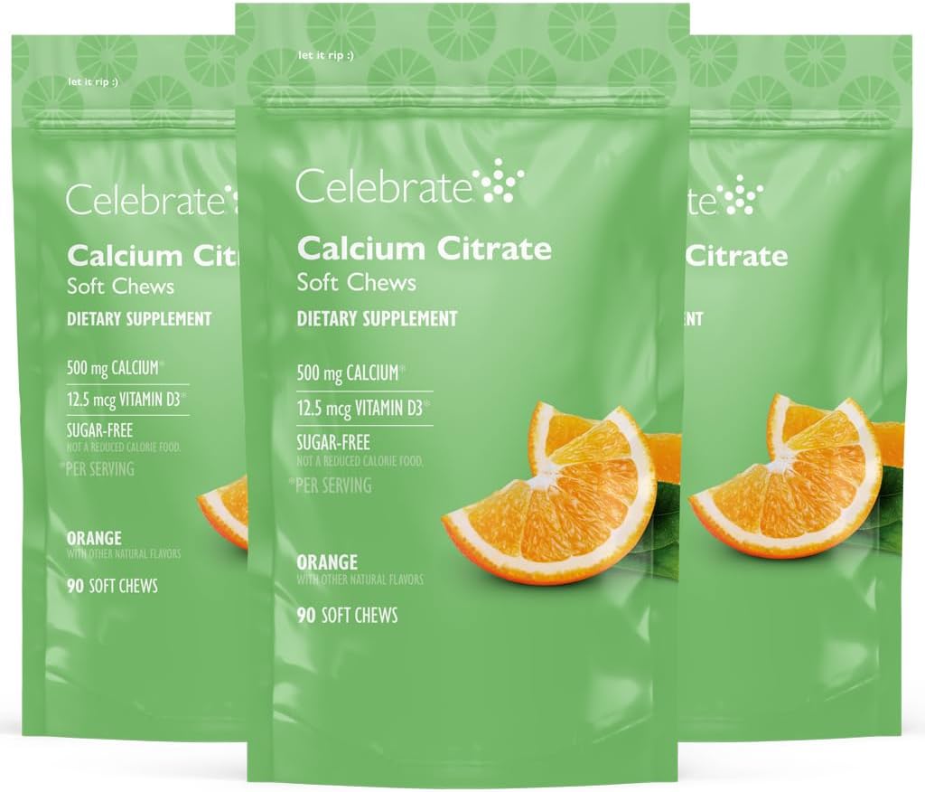 Proslavite vitamine Bariatric 500 mg Kalcijev citrat Mehki žveči s 500 i.e. vitamin D3 – Bistveno za želodčni obvod bolnikov in zdravje kosti - sladkor in gluten brez, oranžna (270 žveči)
