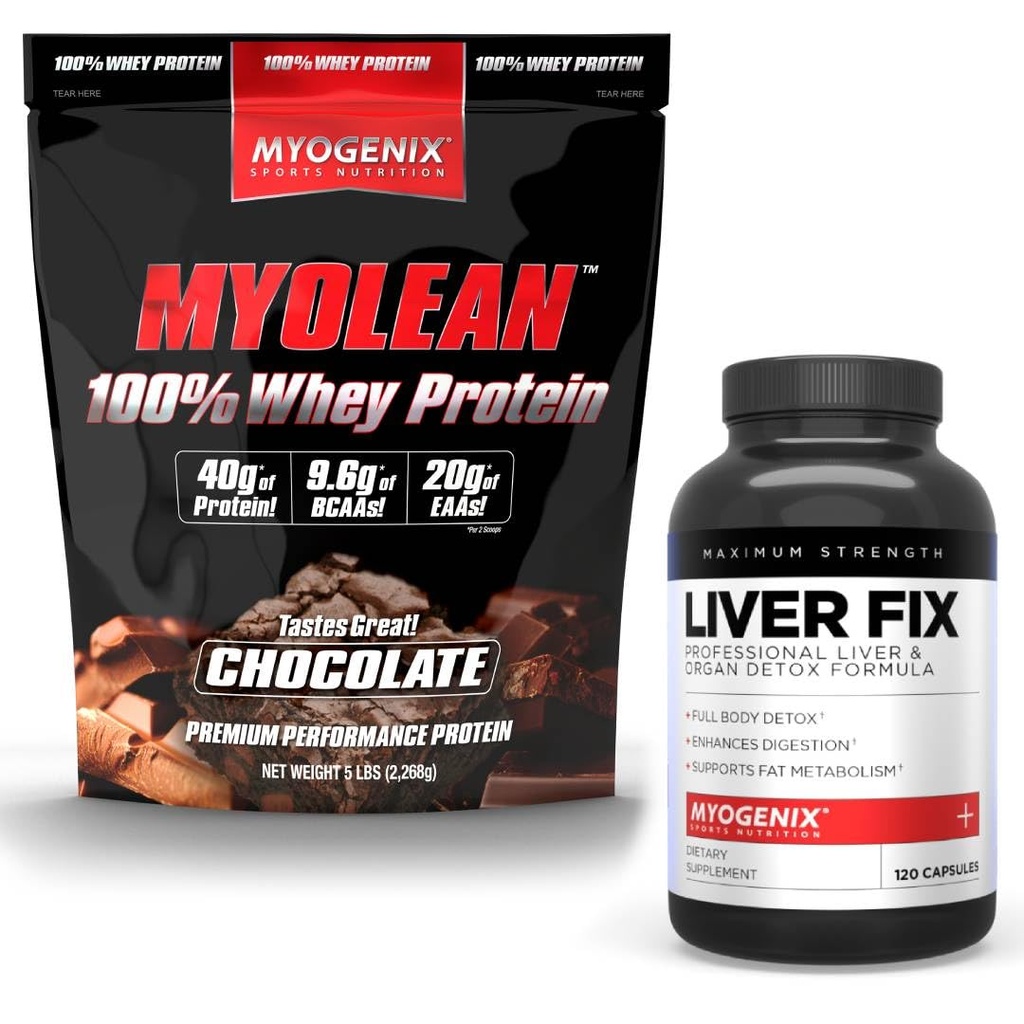 Myogenix Jetrna podpora Dopolnilo & Myolean Chocolate Whey Protein – Napredno zdravje jeter in okrevanje mišic s 40g visoko beljakovino Whey – Podpora razstrupljanje, rast in učinkovitost