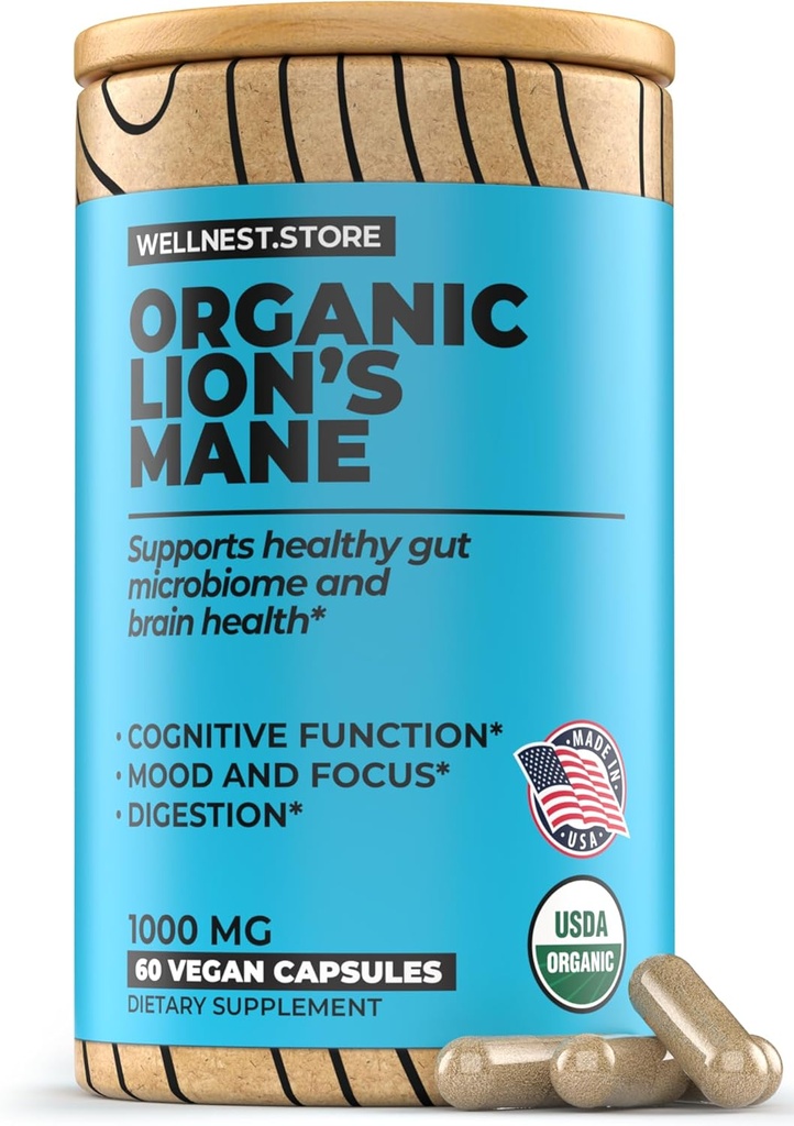 Lions Mane Gobe Organic Supplement (Hericium Extract) 60 Veggie Caps - Imunska podpora dodatek; Izboljšati kognitivne funkcije + spodbujanje vitalnosti, zaščititi živčne celice