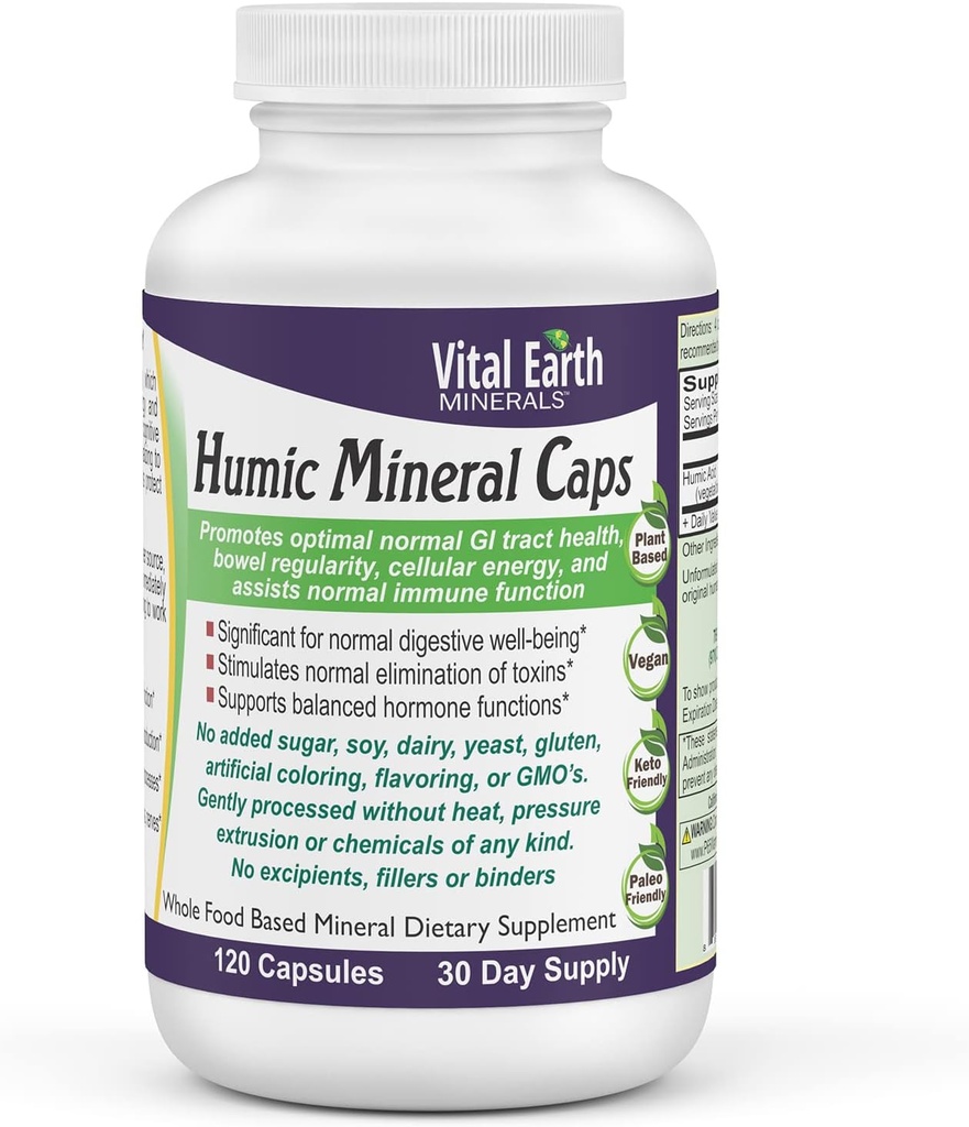 Vital Earth Minerals Humic Minerals Kapsule - 70+ Trace Minerals with naravno pojavljanje Fulvična kislina, Alkalinging Mineral Supplement for Detox, Gut Health, Wellness, 120 Count
