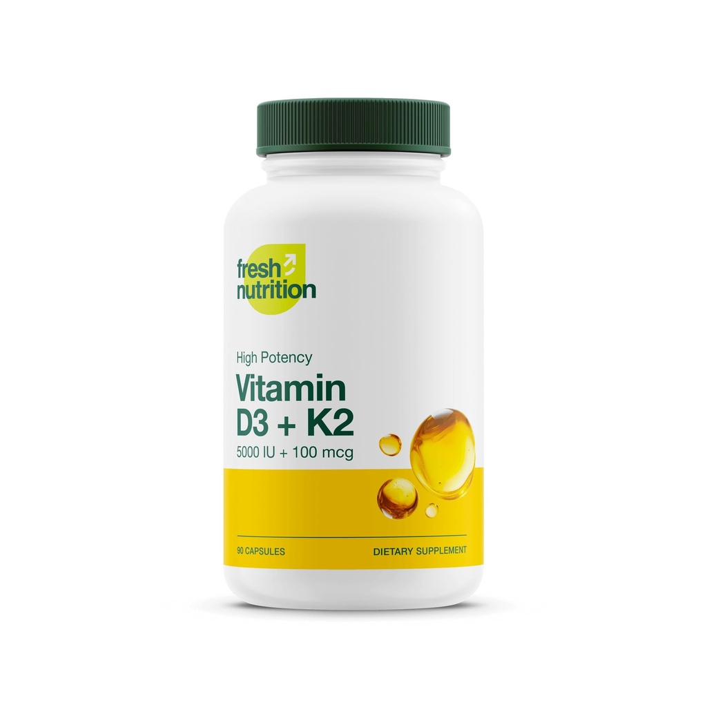 Sveža prehrana Vegan Vitamin D3 + K2 Kapsule - 5000 i.e. D3 + 100mcg K2 kot MK-7 za optimalno absorpcijo - Imunsko zdravje, zdravje kosti, razpoloženje - ne gensko spremenjeni organizmi - 90 kapsul, 3-mesečna oskrba