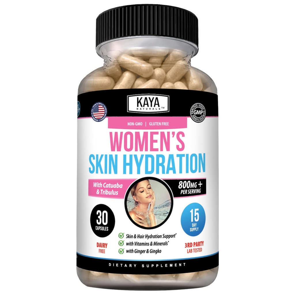 Kaya Natural Skin Hydration Vitamini - tablete za ženske - Kapsule za izboljšanje kože - Pospeševalec hiperstimulacije za ženske - spodbuja povečano energijo, Mood & Stamina - zmanjšanje suhosti - 30 Veggie kapsule