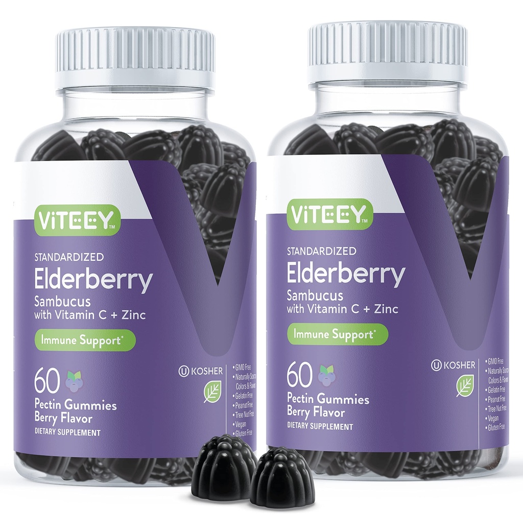 Viteey Sambucus Elderberry Gumies za odrasle – Bezgove jagode Vitamin C in cink Immunity Gumies - Vegan, Gluten-free – 120 Count
