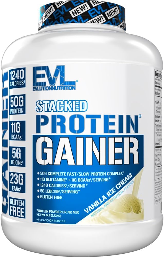Evalution Nutrition Stacked Protein Gainer, 50 Grams Whey Protein Powder Complex, 251 Grams ogljikovi hidrati, Gradite mišice, Recovery, Post Workout, Gluten-free (Vanilla sladoled, 6 LB)