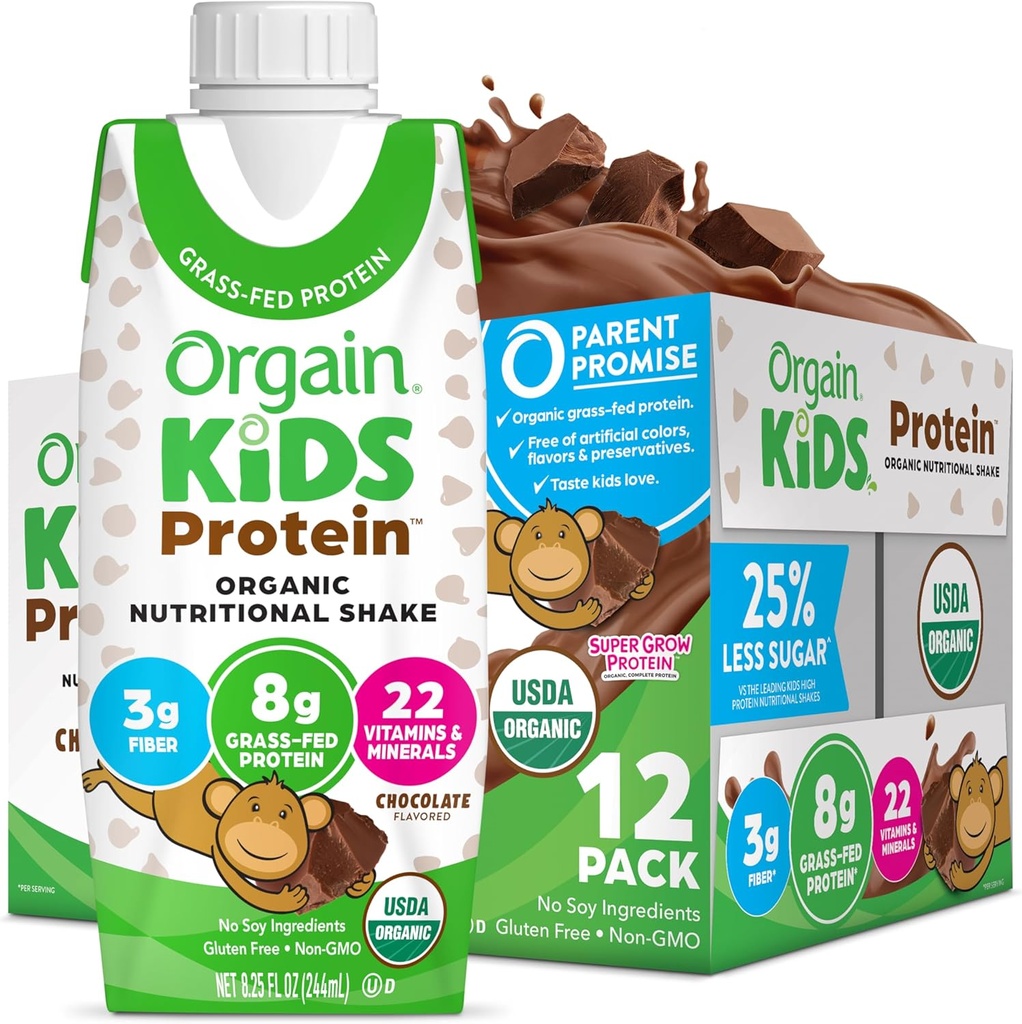 Orgain Organic Kids Protein Nutritional Shake, čokolada - 8g beljakovin, 22 Vitamini in minerali, Sadje in zelenjava, Gluten Free, Soy Free, Non-GMO, 8.25 Fl Oz (Pack of 12)