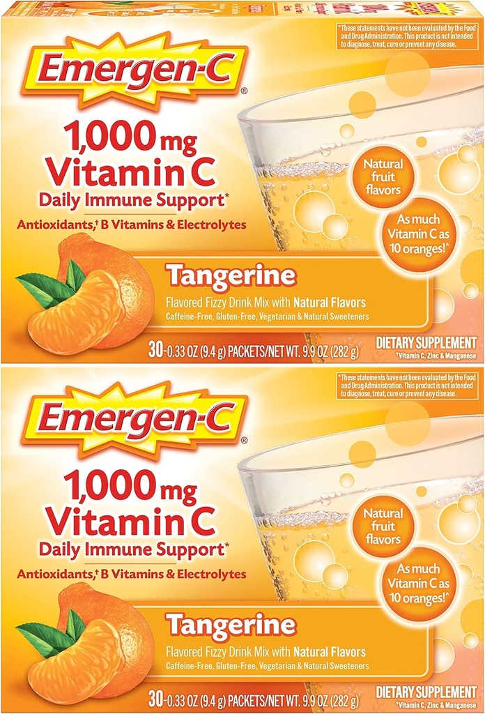 Emergen-C 1000mg Vitamin C Powder, z antioksidanti, B vitamini in elektroliti, Vitamin C Dodatki za imuno podporo, Kofein brez pijače Mix, Tangerin aroma - 60 Count/2 Mesec dobave