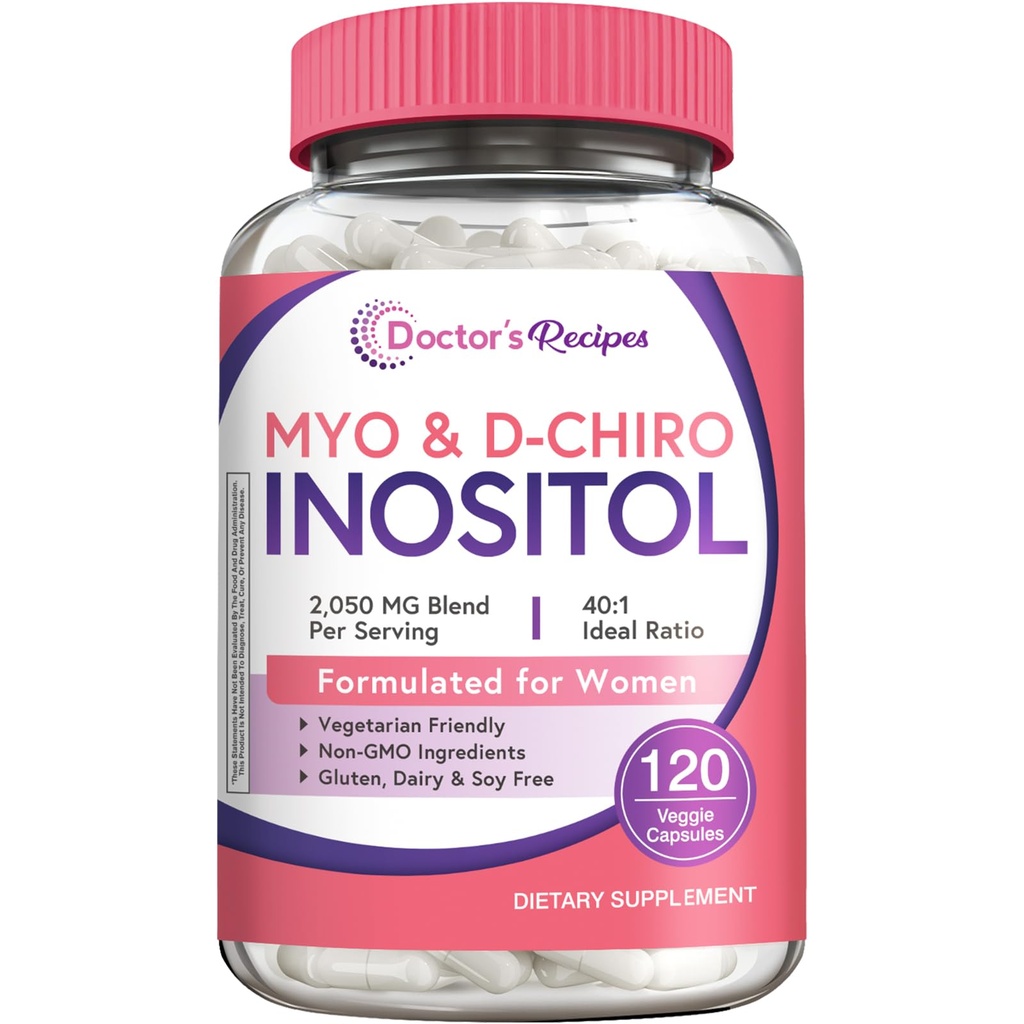 Zdravnik recepti Inositol dodatek, Myo-Inositol & D-Chiro Inositol Kapsules 2050mg na Serving, Ideal 40:1 Mešanica, Hormonsko ravnovesje za ženske, Ovarian funkcijo in podporo plodnosti, 120 Veganske kape