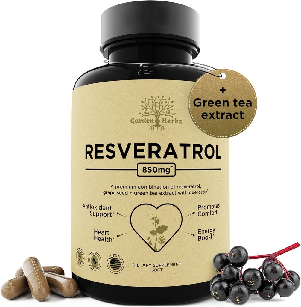 Resveratrol dodatek s Quercetin & Grozdno seme – 850mg zeliščna mešanica, polifenoli visoke jakosti in antioksidanti za splošno dobro počutje, 60 veganskih kapsul
