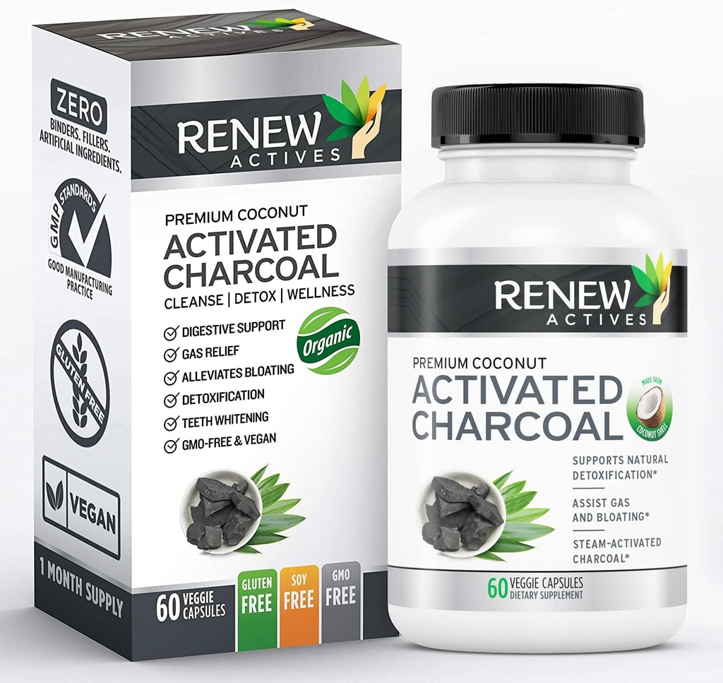 Obnovite Actives Aktiviran Charcoal dodatek 1100MG na 2 kapsuli - Prebavna podpora & Beljenje zob Formula, Brez umetnih sestavin - Izdelano v Kanadi - 60 kapsul