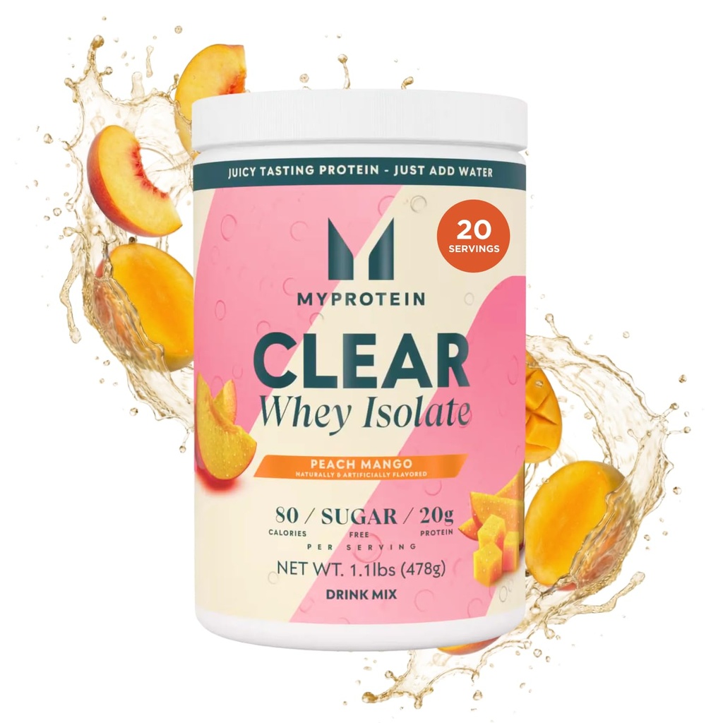 Proteini Myprotein Clear Whey Isolate Protein Powder, 1,1 Lb (20 serverjev) Mango, 20 g Beljakovine na serviranje, naravno aromatizirana mešanica, dnevni vnos beljakovin za vrhunsko zmogljivost