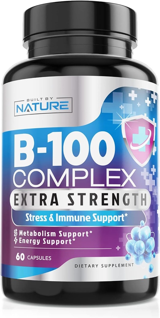 Kompleks vitamina B - vsi vitamini B B1, B2, B3, B5, B6, B7, B9, B12, Folna kislina, Vitamin C - Super B-100 dodatek - Imunska, energijska in presnovna podpora, veganska, ne-GMO, Gluten brez, 60 kapsul