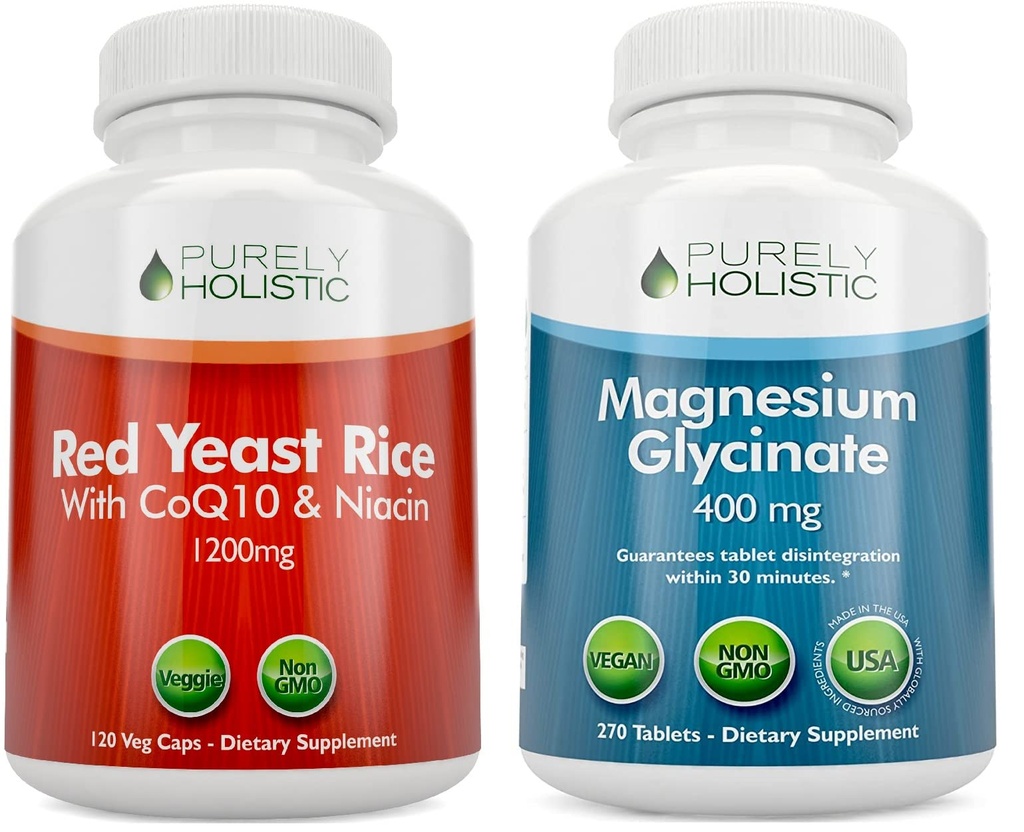 Čisto holistični rdeči riž 1200mg s CoQ10 in niacin + magnezijev glicinat 400mg - 120 kapsul + 270 tablet - izdelan v ZDA