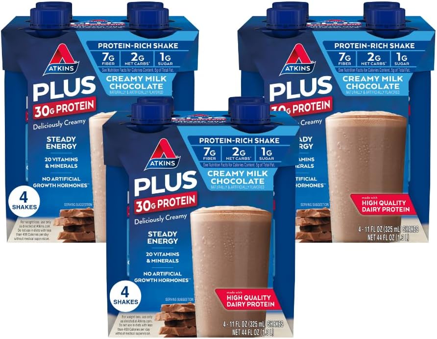 Atkins Creamy Milk Chocolate PLUS Protein Shake, 30g Protein, 7g Fiber, 2g Net Carb, 1g Sladkor, Keto prijazno, Nizki ogljikovi hidrati, Visoko beljakovinski napitek, 12 Štetje