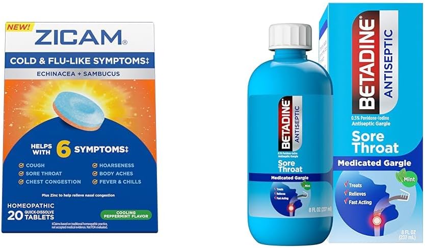 Zicam hladni simptomi Relief z Betadine boleče grlo Gargle, Echinacea & Sambucus Homeopatske tablete, 20 in 8 FL OZ