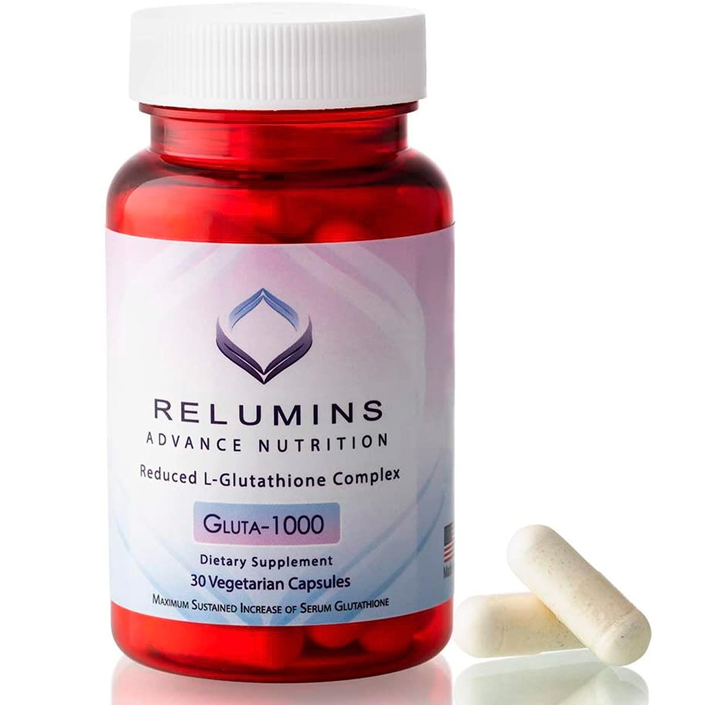 Relumini Advance Nutrition Gluta 1000 - Zmanjšani L-glutation, Alpha lipoična kislina & Rose HIPS, Antioksidant Podpora za kožo in splošno dobro počutje, Izdelano v ZDA - 30 kapsul (15-dnevna zaloga)