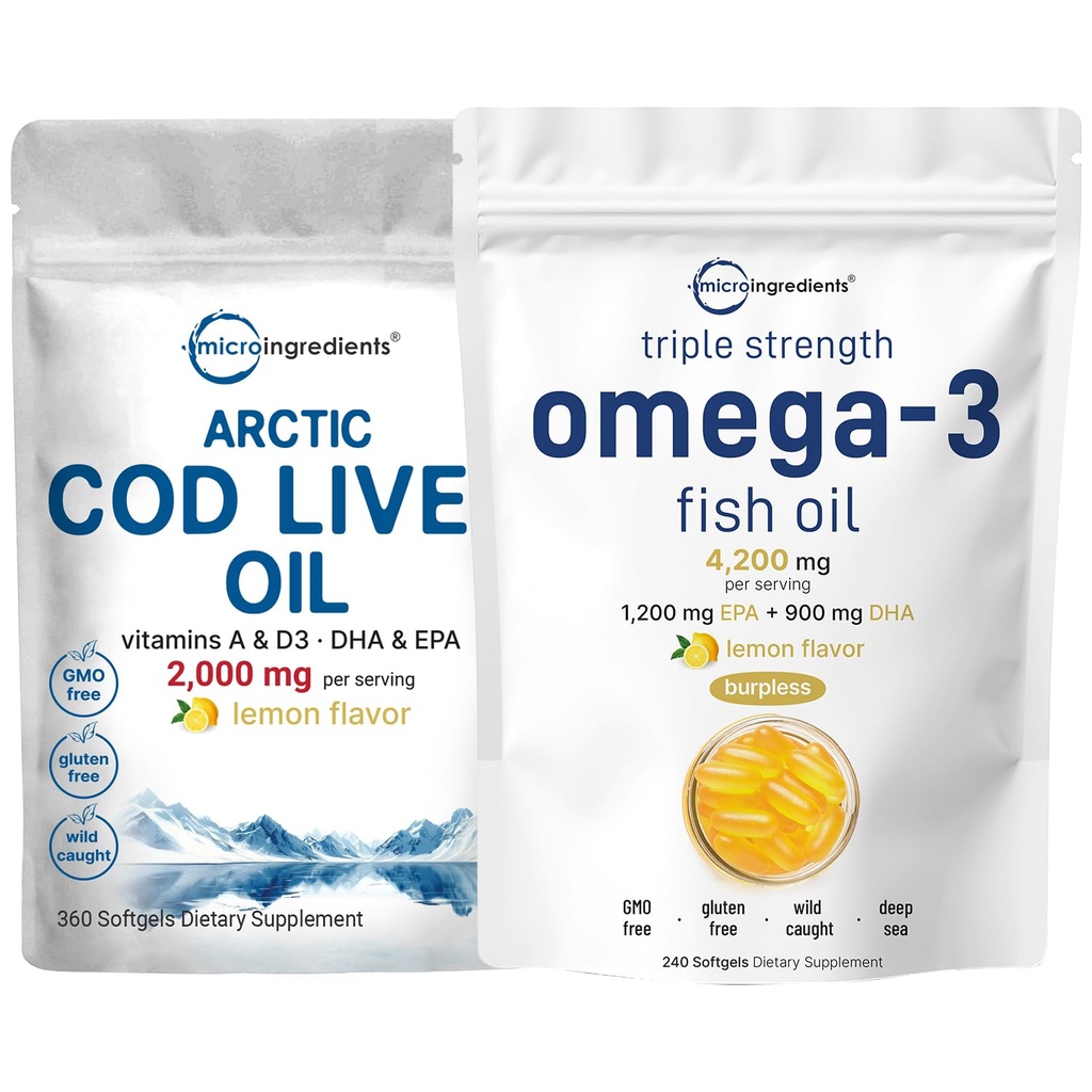 Trojna moč Omega 3 ribje olje dopolnila 4200mg na Serving & Cod Jetrno olje 2000mg na serviranje, 360 Mehkužci 