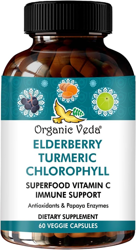 Organska veda Elderberry Kurkuma Klorofil Imunska podpora - Superživila Antioksidanti, Zeleni vitamin C, izvleček grozdnega semena, Acerola, Moringa & Papaya Enzymes - 60 veganskih kapsul