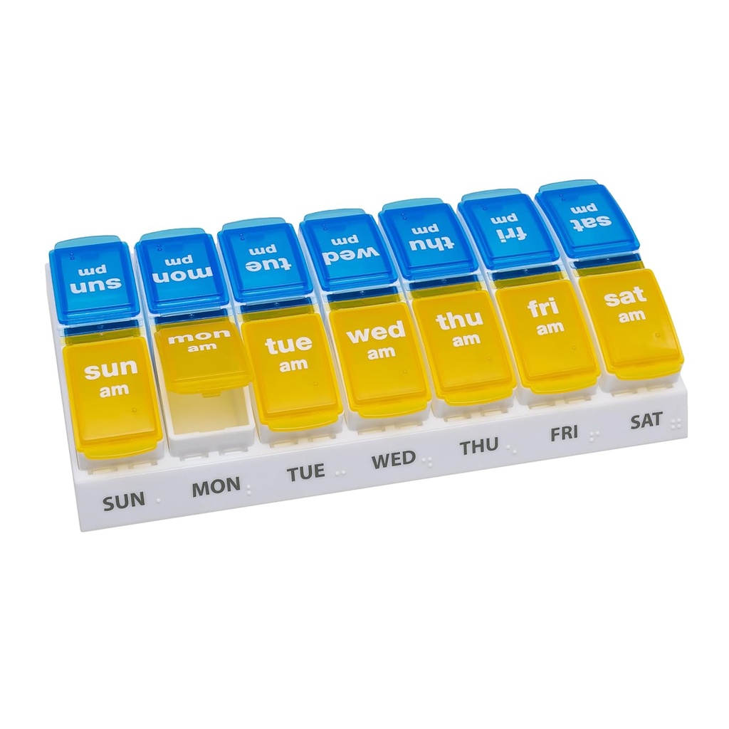 EZY DOSE tedenski AM/PM tablete organizator, 7-dnevni vitamin in zdravilo škatla z velikimi Pop-out oddelki, 2 krat na dan tablete imetnik za enostavno doziranje, rumene in modre laži, potovalno prijazno oblikovanje