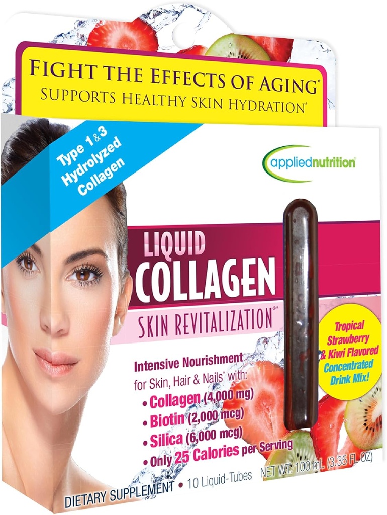 Uporabna prehrana Liquid Collagen Skin Revitalizacija - 10 Liquid Tubes - Kolagen, Biotin & Silica - Tropical Jagoda & Kiwi Flavor - 10 Servings