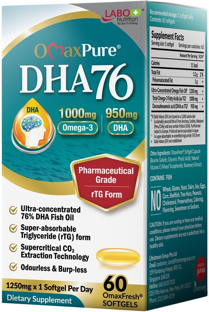 LABO Nutrition OmaxPure DHA76 Omega 3 ribje olje, Ultra-koncentrirana 76% 950mg DHA, EPA, 60 število, farmacevtska stopnja, superkritična CO2 Izvlečena oblika rTG, za srce, skupni, možgani in imuno zdravje