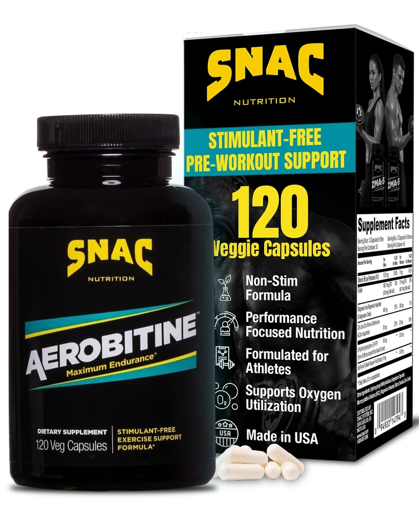 SNAC Aerobitin - Stimulant Free Pre-Workout dodatek za maksimalno vzdržljivost. Dušikov oksid Booster, Izboljša pretok krvi, zmanjša utrujenost in termogenske koristi. 120 Veggie kapsul