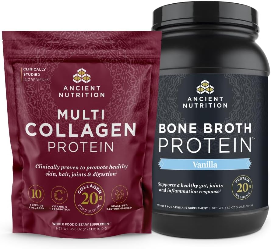 Ancient Nutrition Multi colagen Protein Powder, brez arome, 100 Servings + Cone Broth Protein Powder, Vanilla, 40 Servings