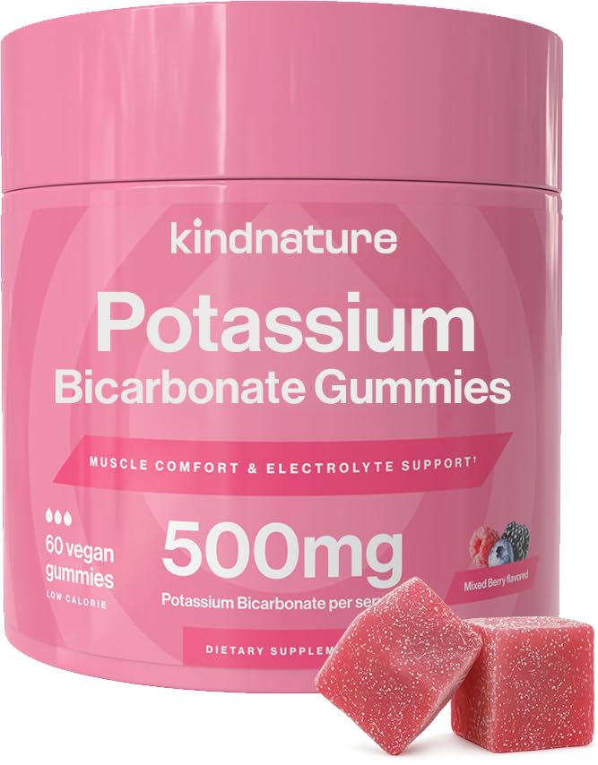 KINDNATURE Visokokalijev dopolnilo Gumies 500mg - Žvečljiv za odrasle in otroke - Pure Kalijev bikarbonat Mineral dodatek - Vegan, Gluten brez, ne GSO - 60 Gumies (30 dnevna dobava)