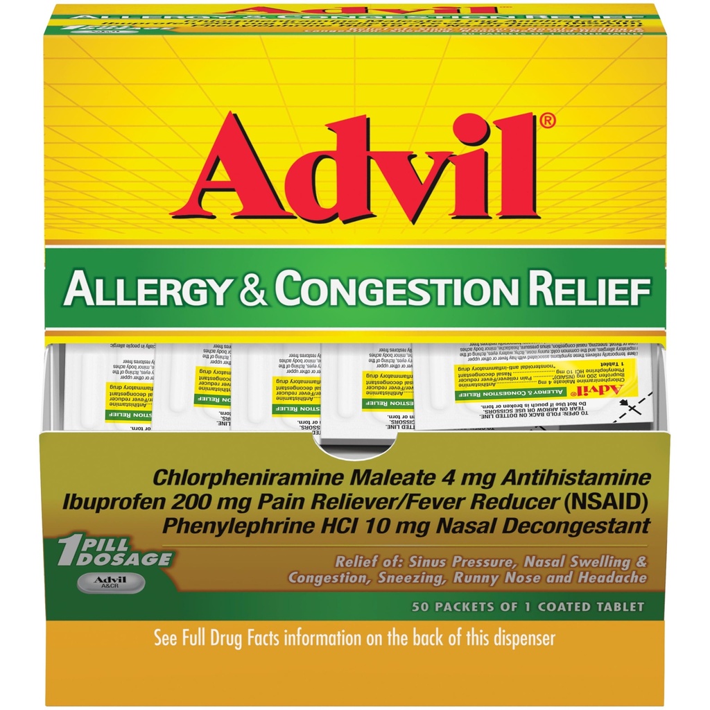 Advil Alergija in zastoji Relief tablete, Bolečina Reliever, Zvišana telesna temperatura Reducer in Alergija Relief z Ibuprofen, Fenilefrin HCl in Klorfeniramin Maleat 4 mg - 50 Obložene tablete