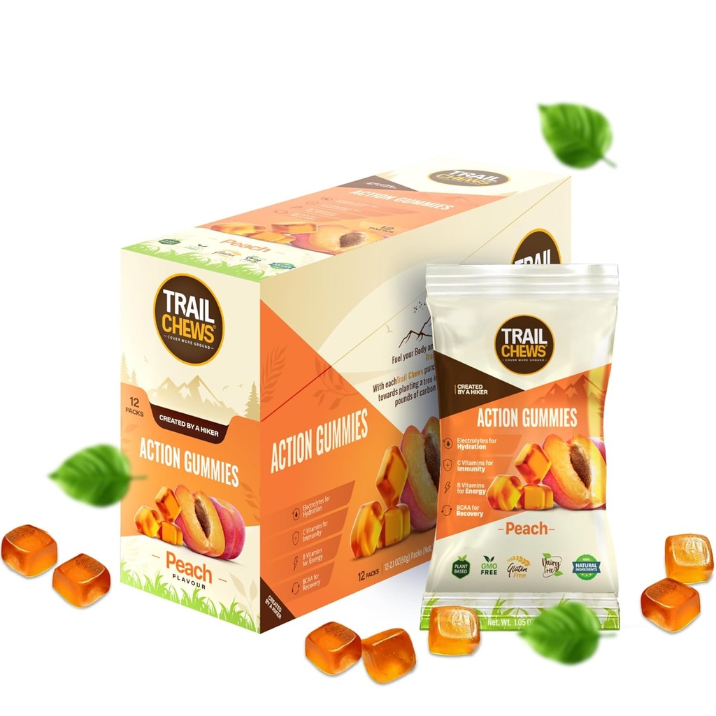 – Peach Flavor – 4-v-1 Energy Gummies za energijo, Hidracija, Immuniteta, Recovery. Poveča vzdržljivost in uspešnost. Na bazi rastlin & Gluten-free. 12 vrečke, 10 Gummies vsak.