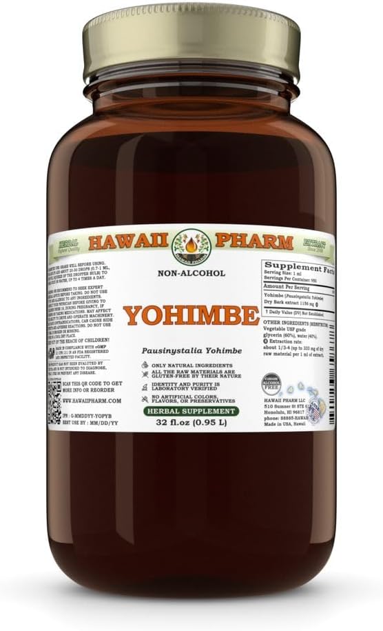 Yohimbe (Pausinystalia Yohimbe) Dry Bark Glycerit, Izdelano na Havajih, Vse naravno, Vegan, Lab Tested Alkohol-free Liquid Extract - 32 fl.oz