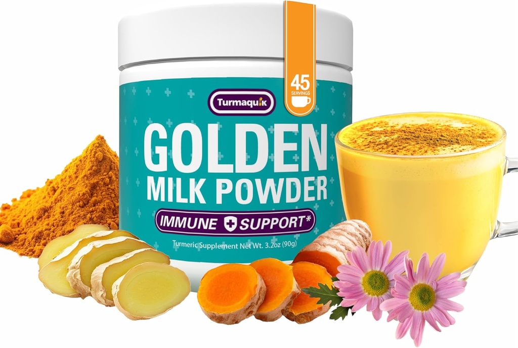 Turmaquik 3.2 Ounce Organsko zlato mleko Kurkuma v prahu – Imunska podpora Superfood Mešanica z ingver, črni poper, kurkumin, cimet, kardamom, vitamini C, D, B6, B12 in cink