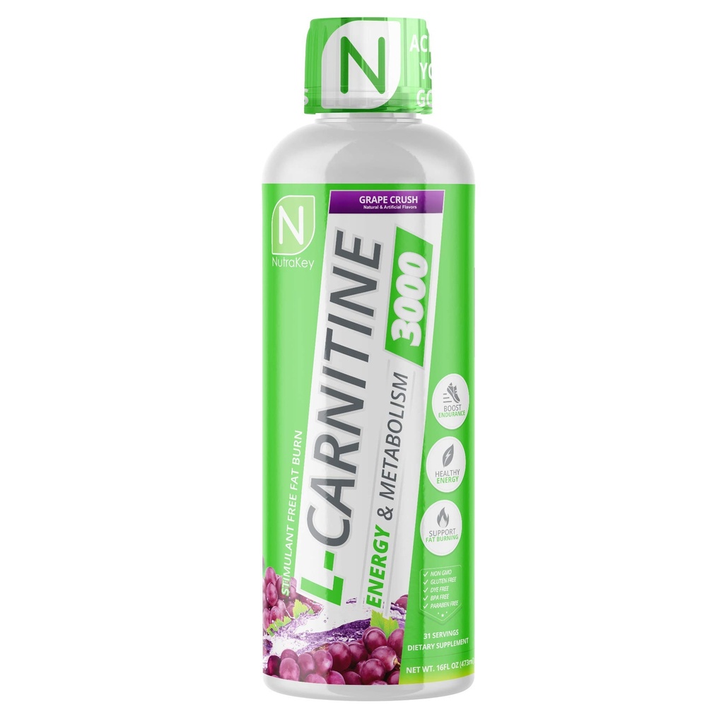 NutraKey L-Carnitine 3000mg, No Sugar, Gluten Free, Turn Into Fuel, (Grape Crush) 31 Servings