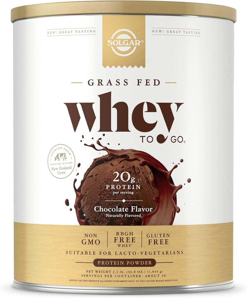 Solgar Grass Fed Whey to Go, čokolada - 2,3 lb - Grass-Fed Whey Protein Powder - rBGH Free, Non-GMO, Gluten Free - 36 Servisi