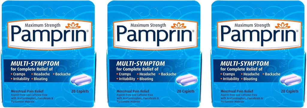 Pamprin multi-Simptom Formula, z Acetamofen, Menstrualno obdobje Simptomi Relief, 20 Caplets (Pack 3)