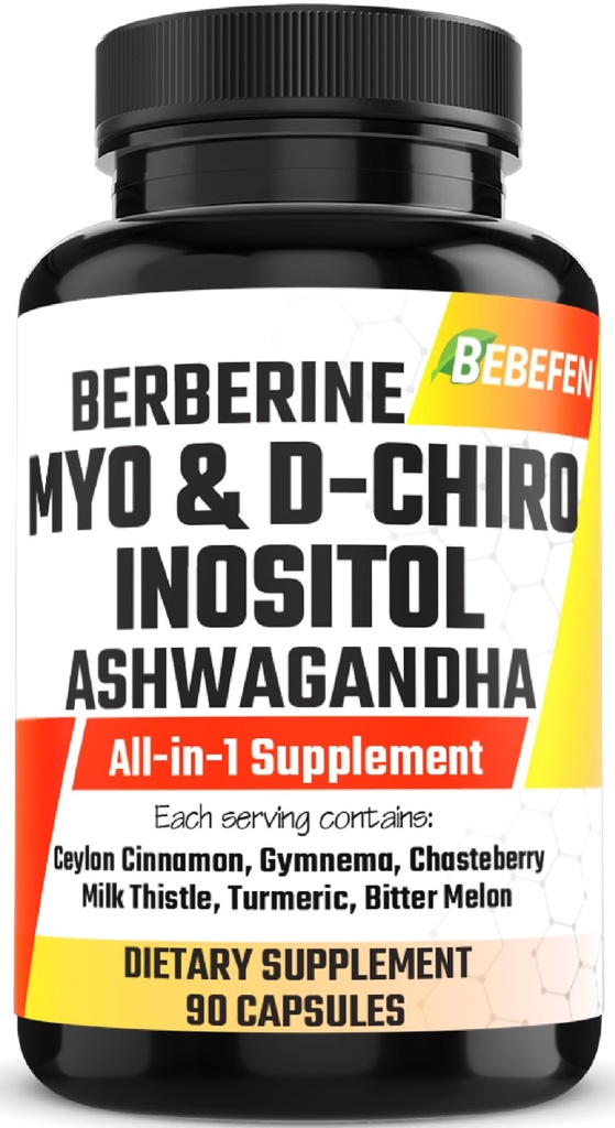 Kapsule Myo-Inositol & D- Chiro Inositol z Ashwagandha, Berberine, Cimet, Gymnema, Chasteberry, Milk Thistle, Turmeric, Bitter Melon - 90 kapsul