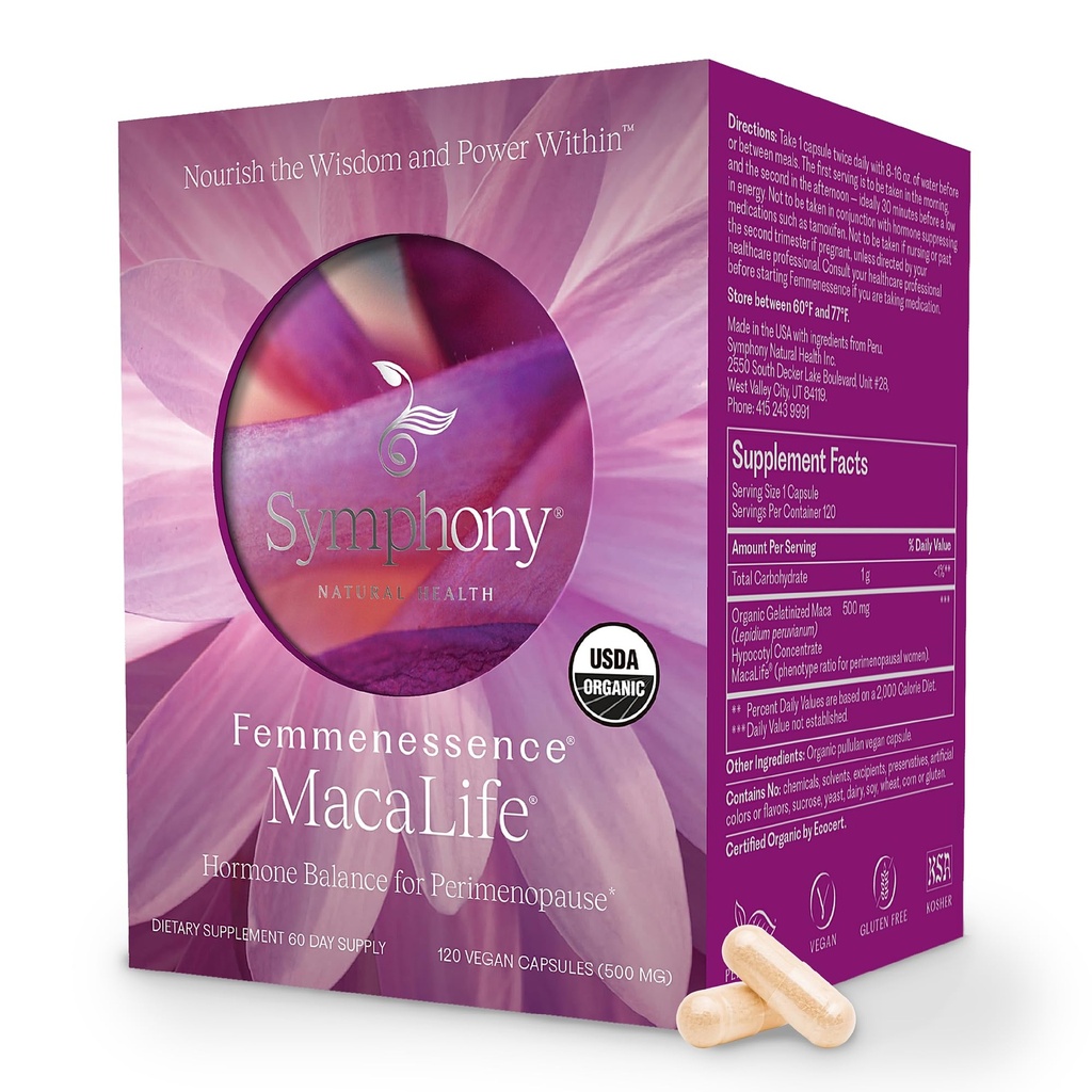 Femmenessence® MacaLife® – klinično dokazano perimenopavzalno dopolnilo za naravno ravnovesje hormonov, lajšanje simptomov, podporo srcu in razpoloženju, brez dodanih hormonov (120 kapsul, 60-dnevna oskrba)