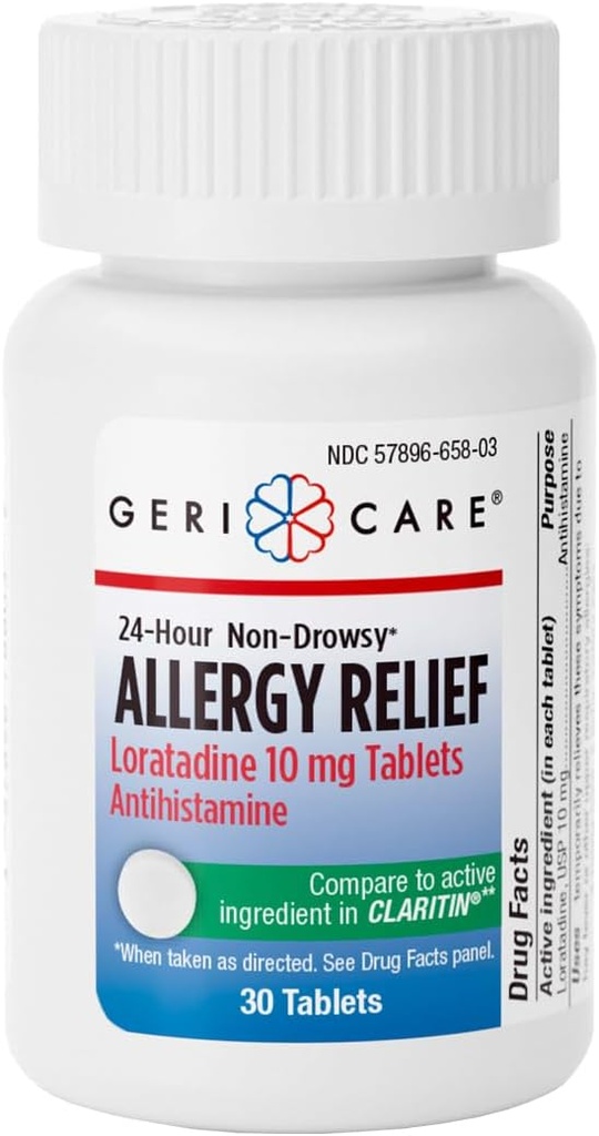 GeriCare Loratadine 10mg Non-Drowsy 24-Hour Alergy Relief, Antihistaminiki Alergija/Sinus Podporne tablete za Runny Nose, Sneesing, Itchy, 30 Count, 1 Pack.