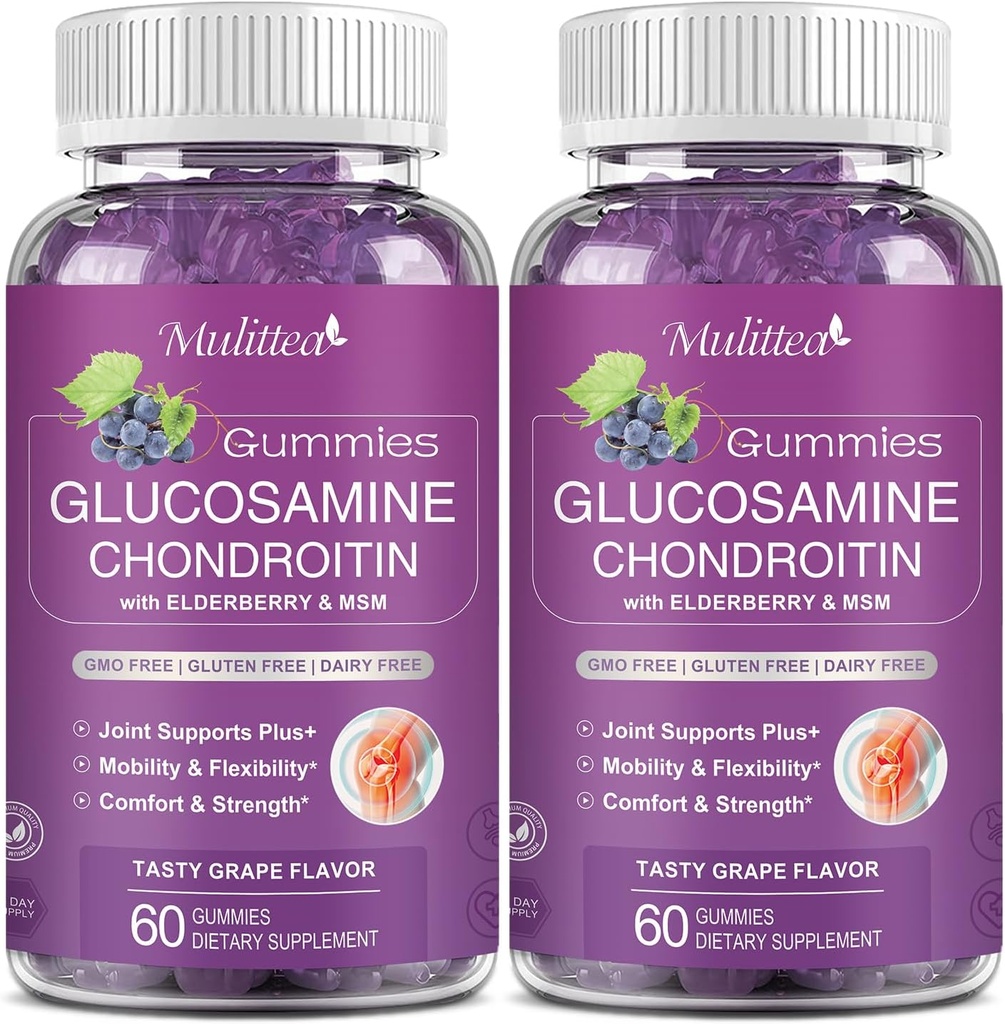 Mulittea Glukozamin Chondroitin Gummies - Dodatna moč skupna podpora dodatek z MSM & Elderberry za naravni sklep, antioksidant imunske podpore za odrasle, moški in ženske-Sugar-free (2 paket)