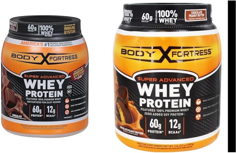 Body Fortress 100% Whey, Premium Protein Powder, Čokolada, 1,78lbs (Packaging May Vary) & 100% Whey, Premium Protein Powder, Čokoladno arašidovo maslo, 1,78lbs (Packaging May Vary)