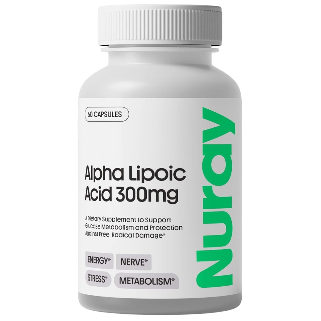 Nuray Alpha Lipoic Acid 300mg - Antioksidant dodatek za zdravo staranje, podpira proizvodnjo energije, pravilno funkcijo živcev, Presnova - 60 Vegetarijanske kapsule, Gluten-free dietary dodatek